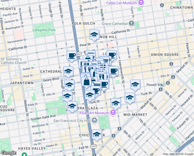 map of restaurants, bars, coffee shops, grocery stores, and more near 888 O'Farrell Street in San Francisco