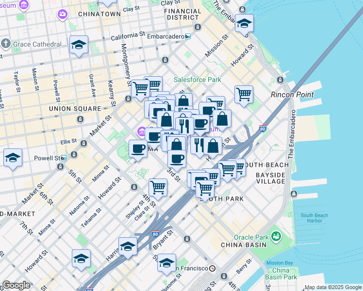 map of restaurants, bars, coffee shops, grocery stores, and more near in San Francisco