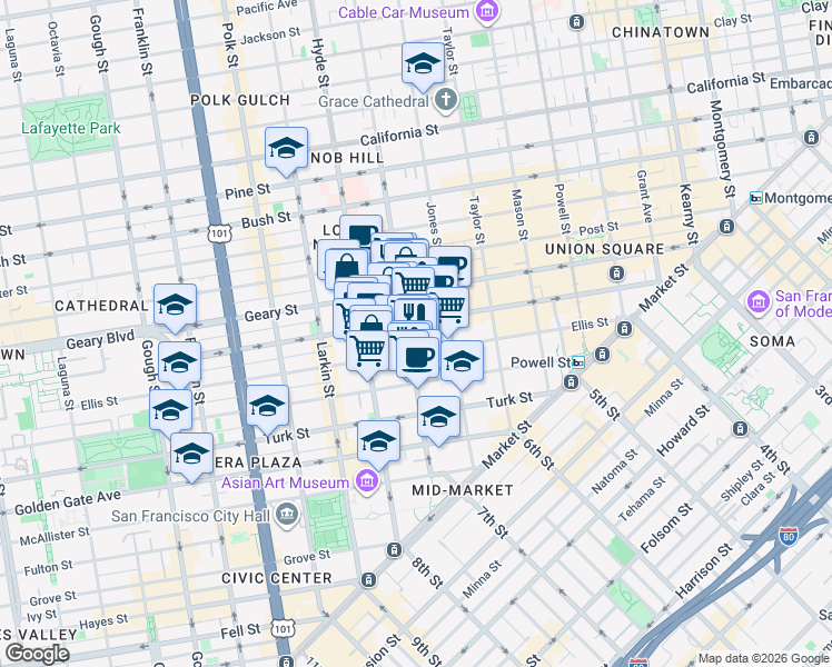 map of restaurants, bars, coffee shops, grocery stores, and more near 434 Leavenworth Street in San Francisco