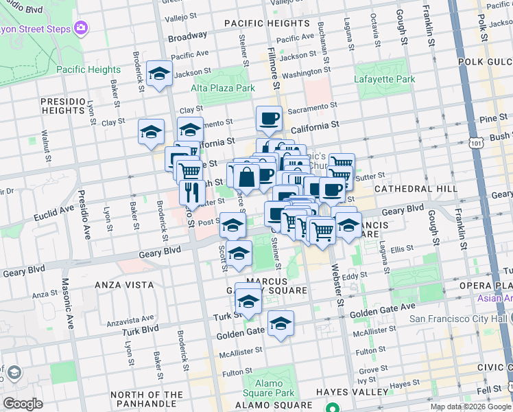 map of restaurants, bars, coffee shops, grocery stores, and more near 2000 Post Street in San Francisco