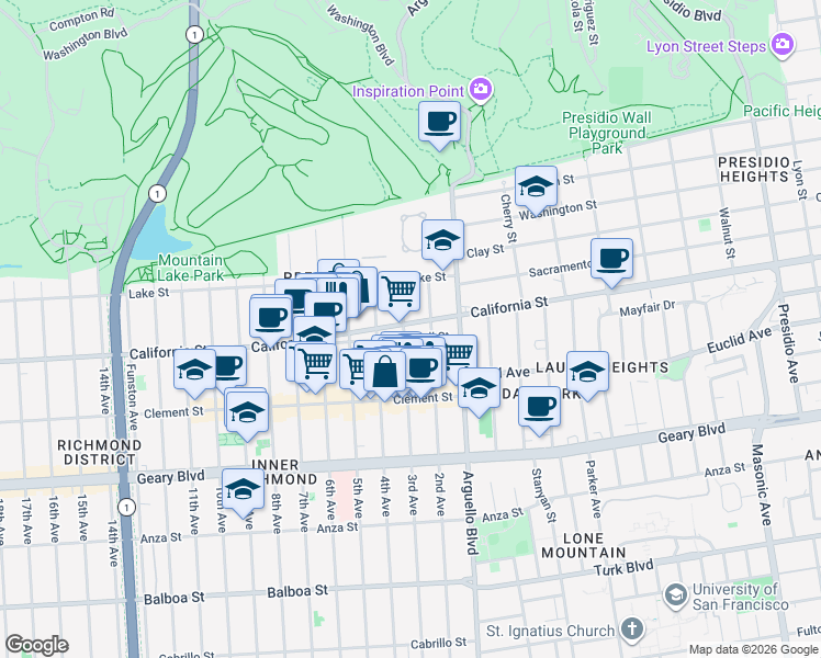 map of restaurants, bars, coffee shops, grocery stores, and more near 4101 California Street in San Francisco