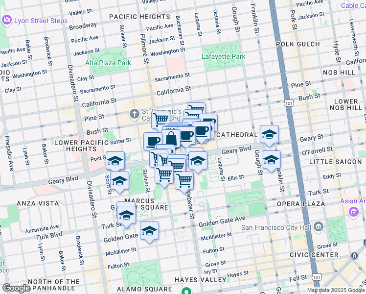 map of restaurants, bars, coffee shops, grocery stores, and more near 1737 Post Street in San Francisco
