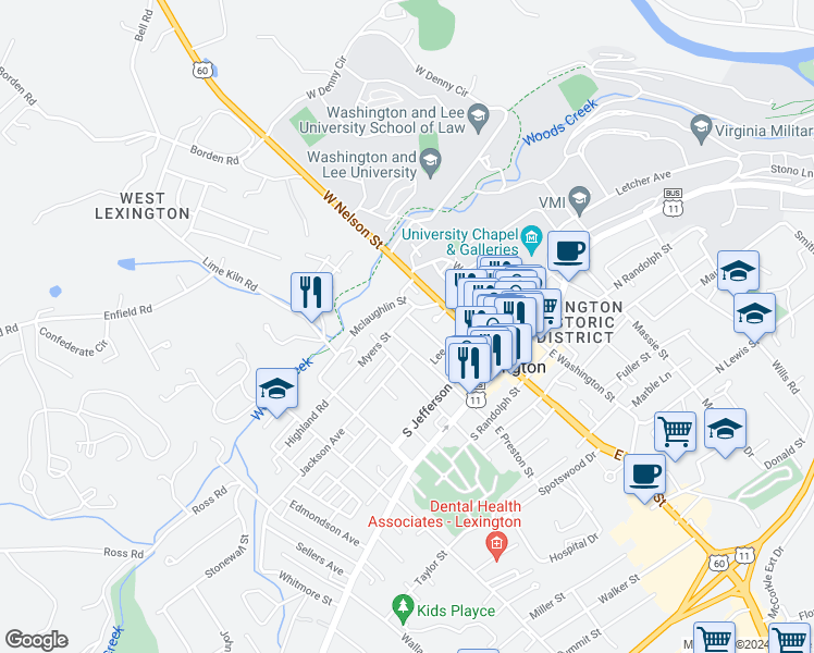 map of restaurants, bars, coffee shops, grocery stores, and more near 108 Myers Street in Lexington