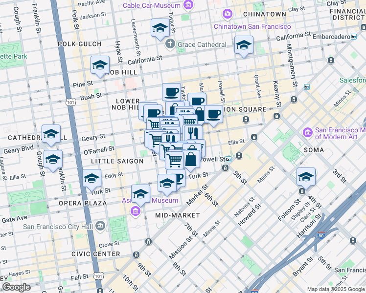 map of restaurants, bars, coffee shops, grocery stores, and more near 344 Ellis Street in San Francisco