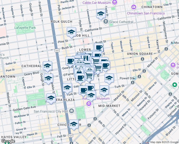 map of restaurants, bars, coffee shops, grocery stores, and more near in San Francisco
