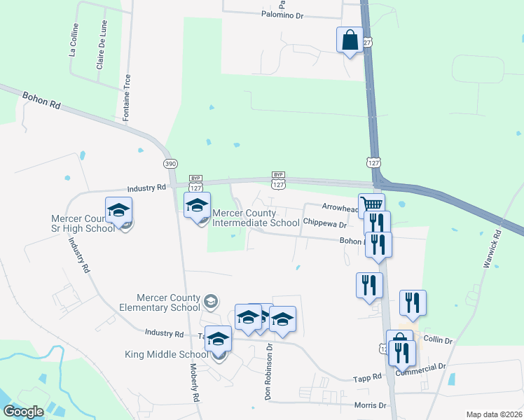 map of restaurants, bars, coffee shops, grocery stores, and more near 524 Tomahawk Drive in Harrodsburg