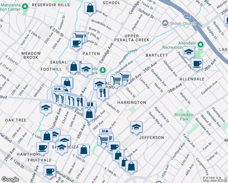 map of restaurants, bars, coffee shops, grocery stores, and more near 2201 35th Avenue in Oakland