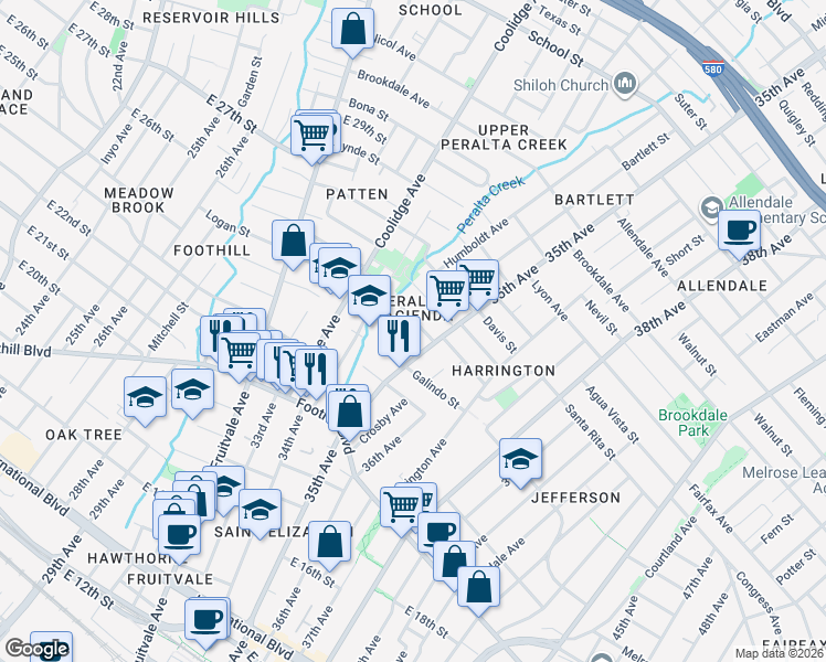 map of restaurants, bars, coffee shops, grocery stores, and more near 2101 35th Avenue in Oakland