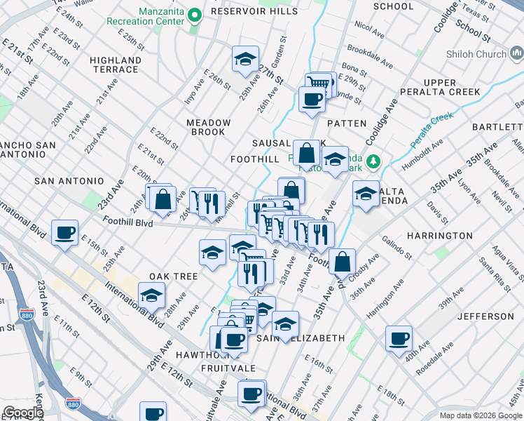 map of restaurants, bars, coffee shops, grocery stores, and more near 2035 Austin Street in Oakland