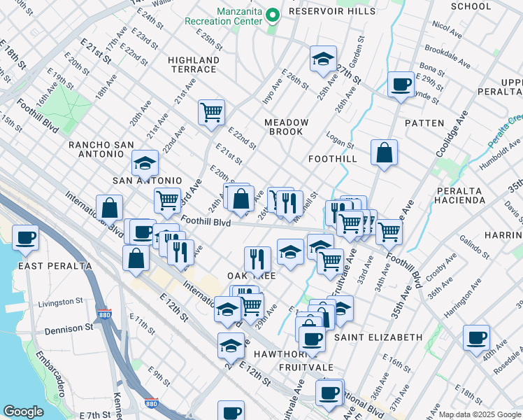map of restaurants, bars, coffee shops, grocery stores, and more near in Oakland