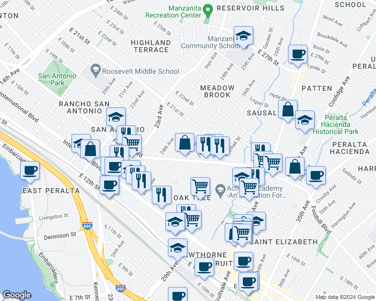 map of restaurants, bars, coffee shops, grocery stores, and more near in Oakland