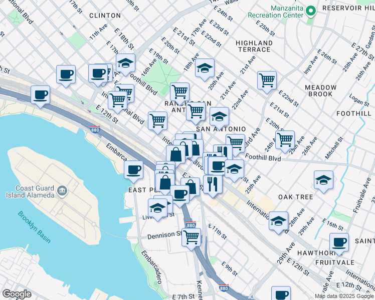 map of restaurants, bars, coffee shops, grocery stores, and more near 2138 International Boulevard in Oakland