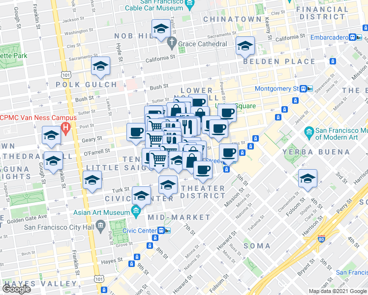 map of restaurants, bars, coffee shops, grocery stores, and more near 344 Ellis Street in San Francisco