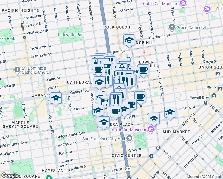 map of restaurants, bars, coffee shops, grocery stores, and more near 236 Myrtle Street in San Francisco