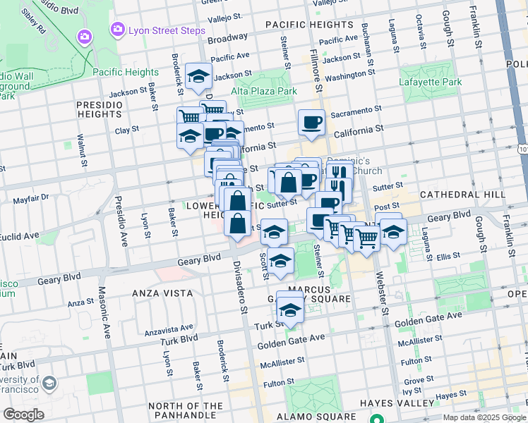 map of restaurants, bars, coffee shops, grocery stores, and more near 2150 Post Street in San Francisco
