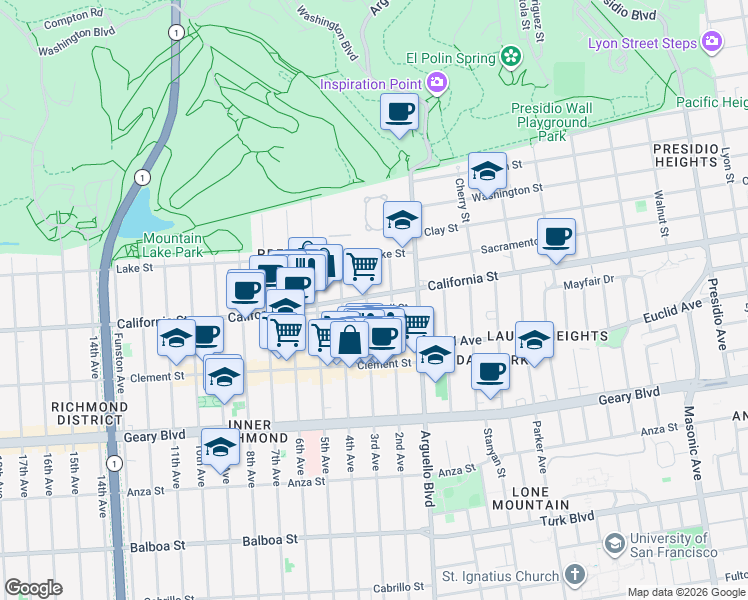 map of restaurants, bars, coffee shops, grocery stores, and more near 4101 California Street in San Francisco