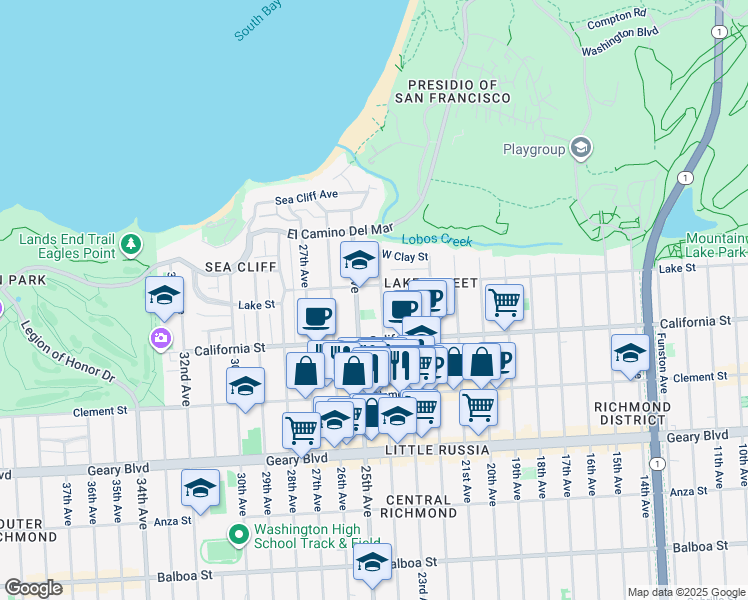 map of restaurants, bars, coffee shops, grocery stores, and more near 240 24th Avenue in San Francisco