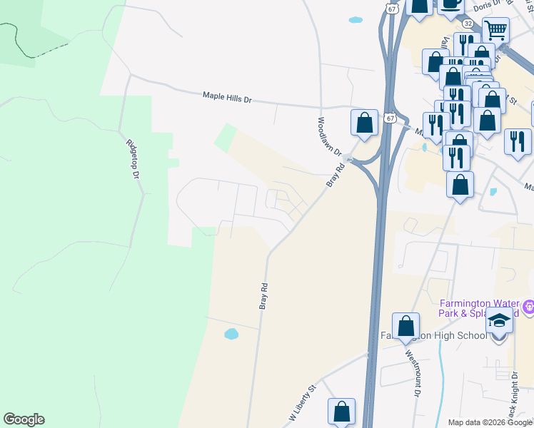 map of restaurants, bars, coffee shops, grocery stores, and more near 1820 Oak Knoll Drive in Farmington