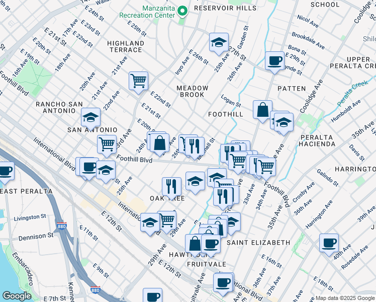 map of restaurants, bars, coffee shops, grocery stores, and more near 2017 27th Avenue in Oakland