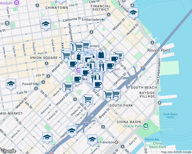 map of restaurants, bars, coffee shops, grocery stores, and more near 75 Hawthorne Street in San Francisco