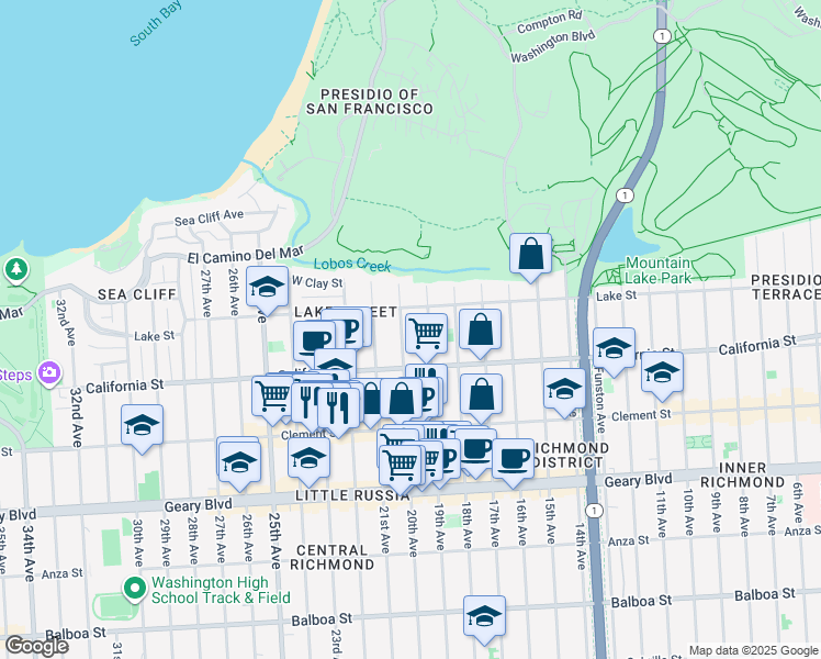 map of restaurants, bars, coffee shops, grocery stores, and more near 160 20th Avenue in San Francisco