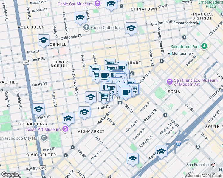 map of restaurants, bars, coffee shops, grocery stores, and more near 201 Mason St in San Francisco