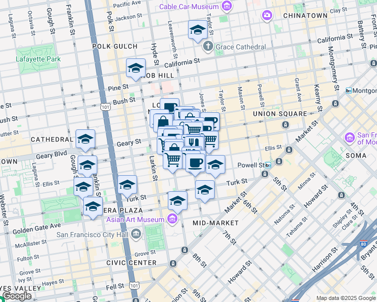 map of restaurants, bars, coffee shops, grocery stores, and more near in San Francisco