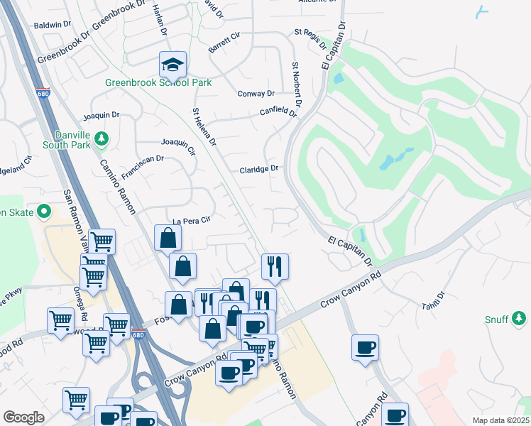 map of restaurants, bars, coffee shops, grocery stores, and more near 131 Shoshone Court in Danville