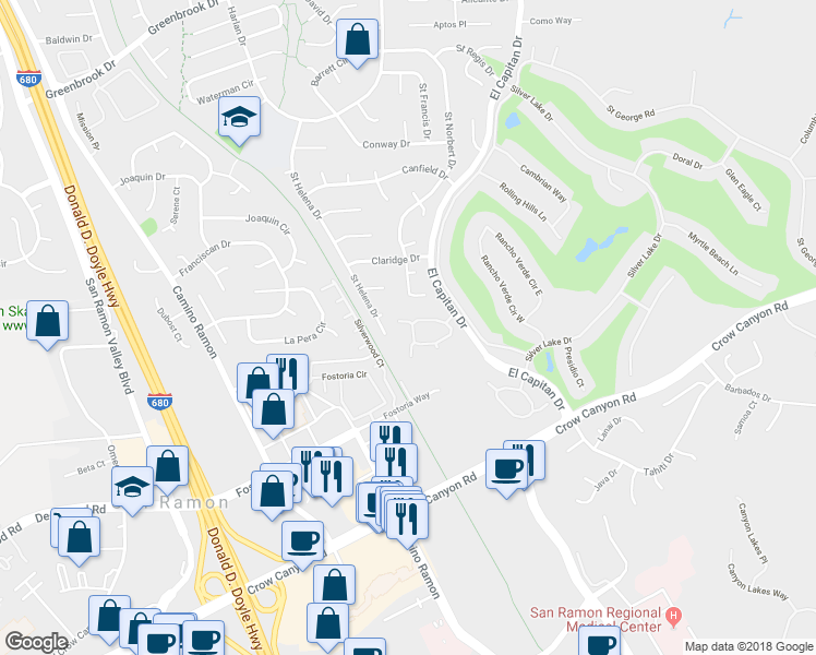 map of restaurants, bars, coffee shops, grocery stores, and more near 101 Shoshone Court in Danville