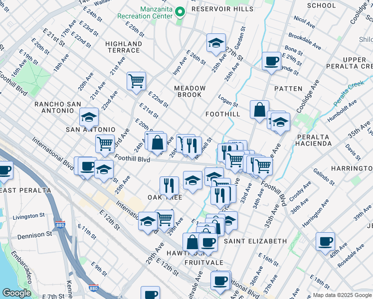 map of restaurants, bars, coffee shops, grocery stores, and more near 2021 27th Avenue in Oakland