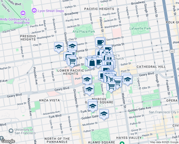 map of restaurants, bars, coffee shops, grocery stores, and more near 2135 Sutter Street in San Francisco