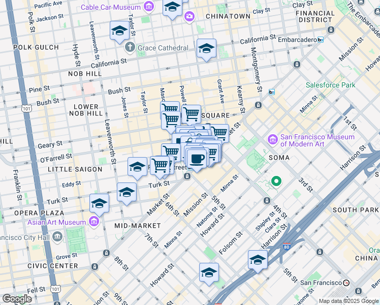map of restaurants, bars, coffee shops, grocery stores, and more near in San Francisco
