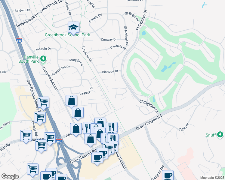 map of restaurants, bars, coffee shops, grocery stores, and more near 131 Shoshone Court in Danville