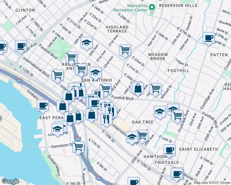 map of restaurants, bars, coffee shops, grocery stores, and more near 2321 East 17th Street in Oakland