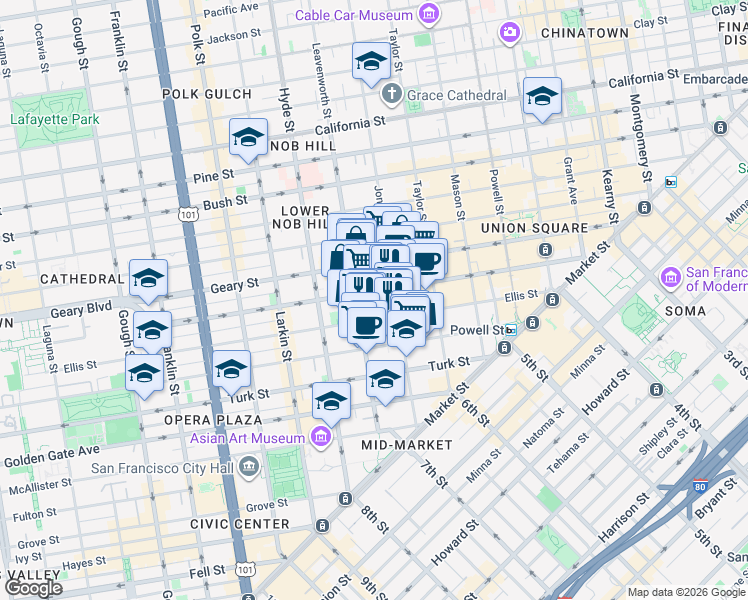 map of restaurants, bars, coffee shops, grocery stores, and more near 440 Ellis Street in San Francisco
