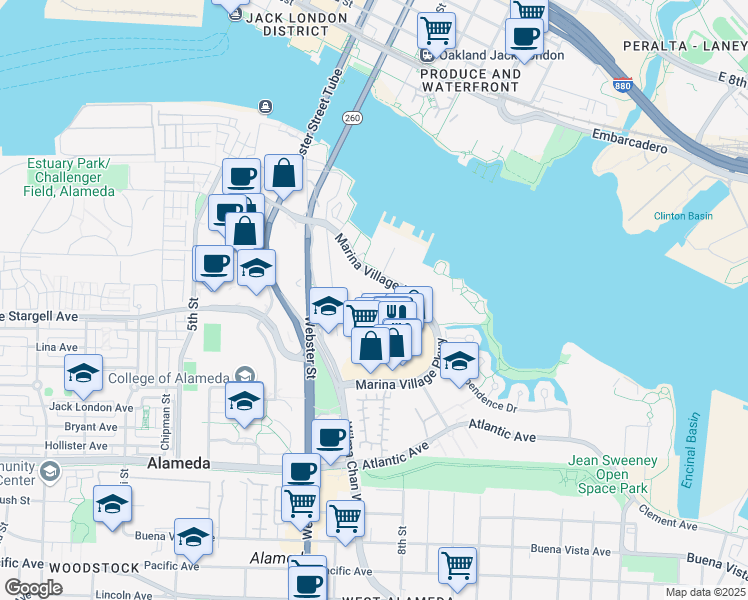map of restaurants, bars, coffee shops, grocery stores, and more near 1201 Marina Village Parkway in Alameda