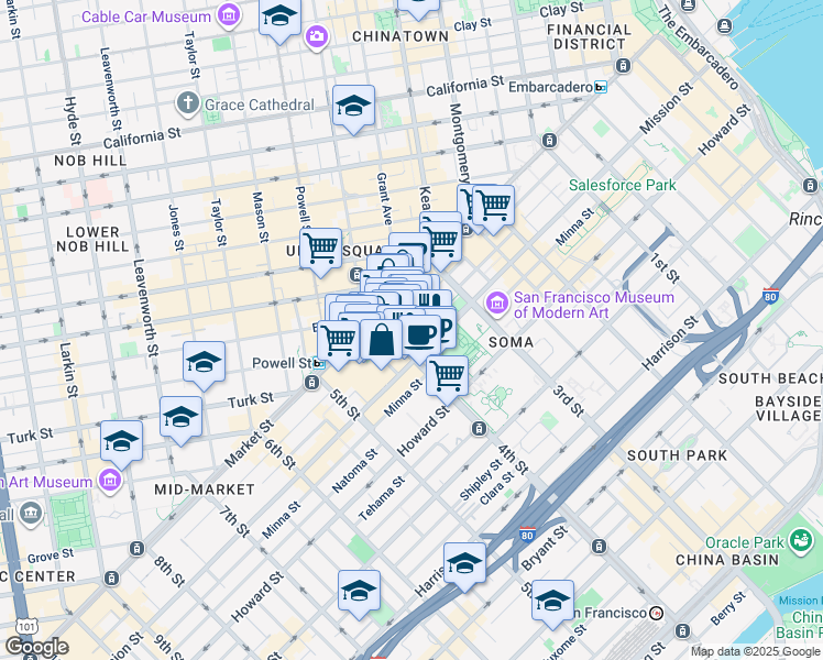 map of restaurants, bars, coffee shops, grocery stores, and more near 765 Market Street in San Francisco