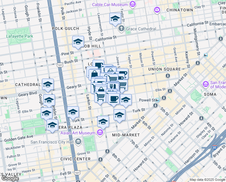 map of restaurants, bars, coffee shops, grocery stores, and more near in San Francisco
