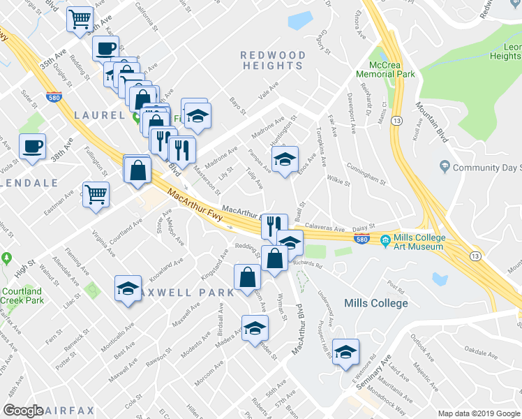 map of restaurants, bars, coffee shops, grocery stores, and more near in Oakland