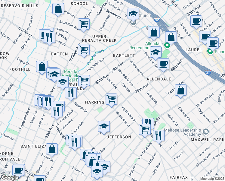 map of restaurants, bars, coffee shops, grocery stores, and more near 2405 Ransom Avenue in Oakland