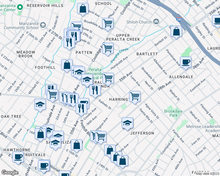 map of restaurants, bars, coffee shops, grocery stores, and more near 2201 35th Avenue in Oakland