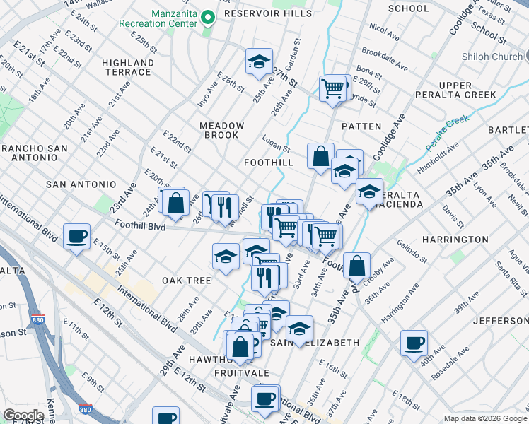 map of restaurants, bars, coffee shops, grocery stores, and more near 2035 Austin Street in Oakland