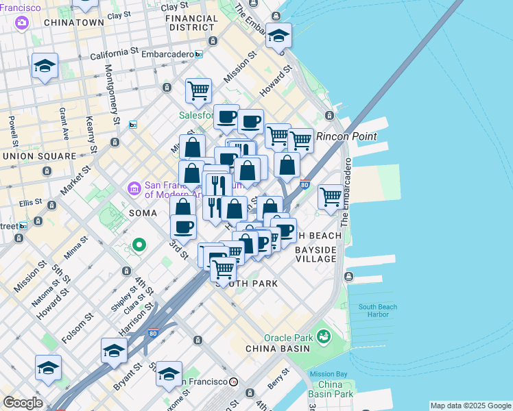 map of restaurants, bars, coffee shops, grocery stores, and more near 74 Rincon Street in San Francisco