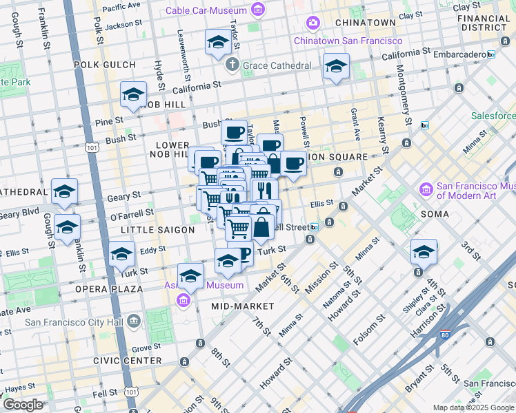 map of restaurants, bars, coffee shops, grocery stores, and more near 344 Ellis Street in San Francisco
