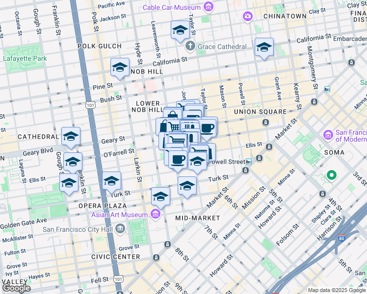 map of restaurants, bars, coffee shops, grocery stores, and more near 440 Ellis Street in San Francisco