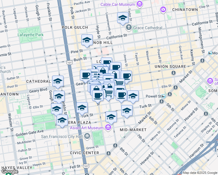 map of restaurants, bars, coffee shops, grocery stores, and more near in San Francisco