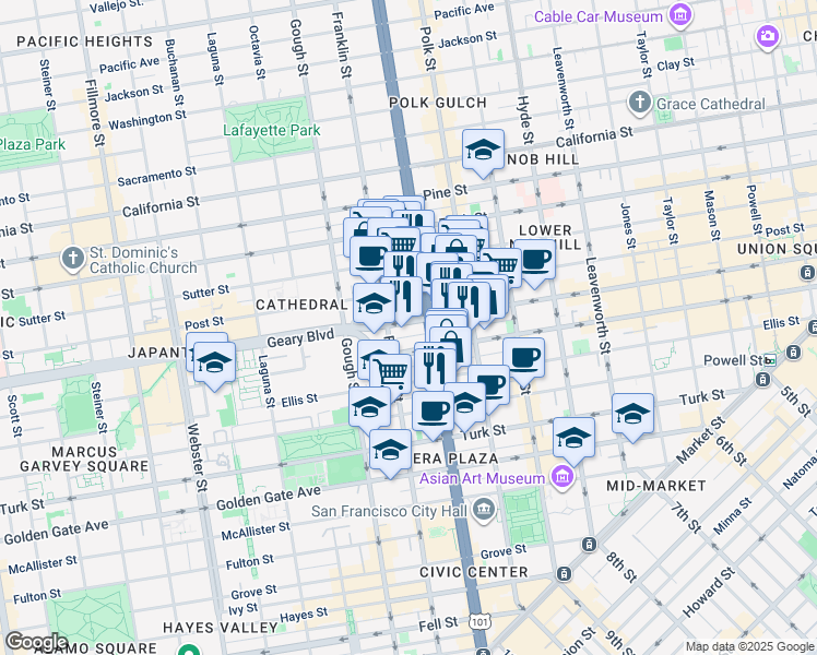 map of restaurants, bars, coffee shops, grocery stores, and more near 236 Myrtle Street in San Francisco