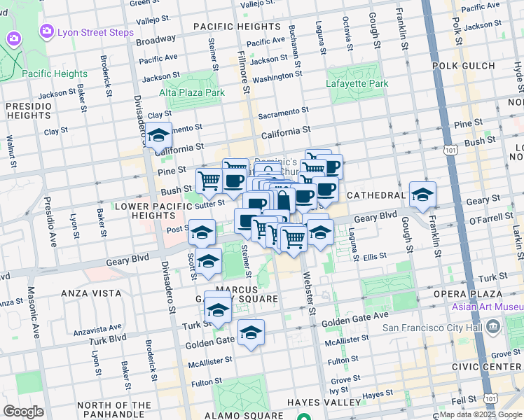 map of restaurants, bars, coffee shops, grocery stores, and more near 1670 Fillmore Street in San Francisco