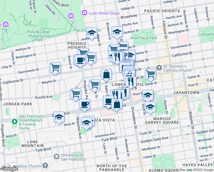 map of restaurants, bars, coffee shops, grocery stores, and more near 2608 Sutter Street in San Francisco