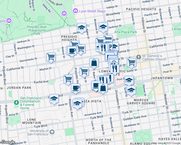 map of restaurants, bars, coffee shops, grocery stores, and more near 2608 Sutter Street in San Francisco